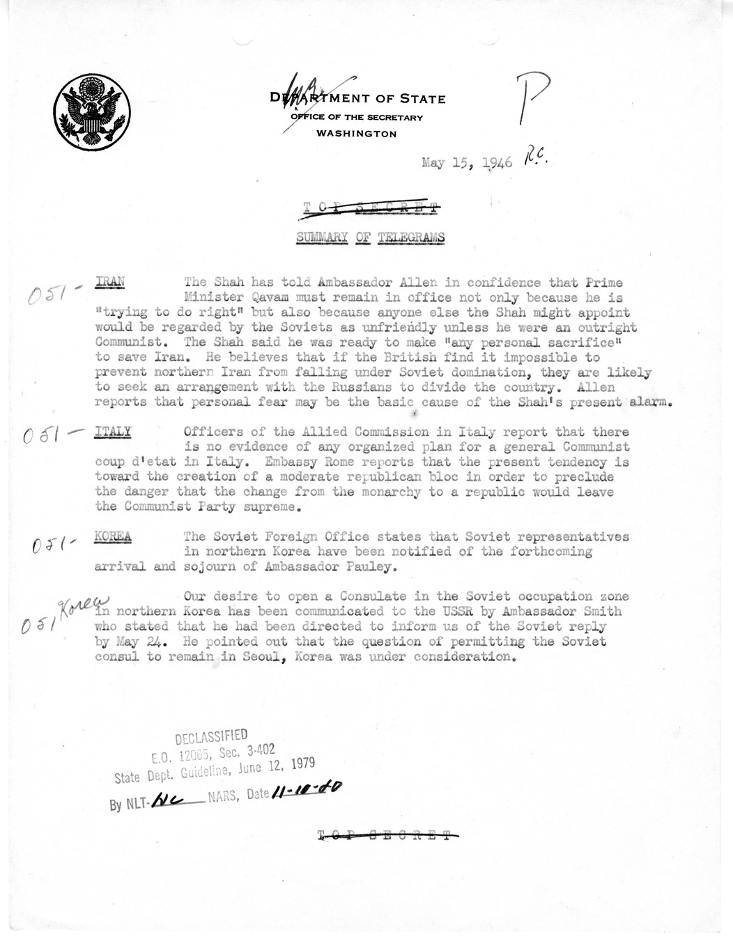 Memorandum, Department of State Summary of Telegrams