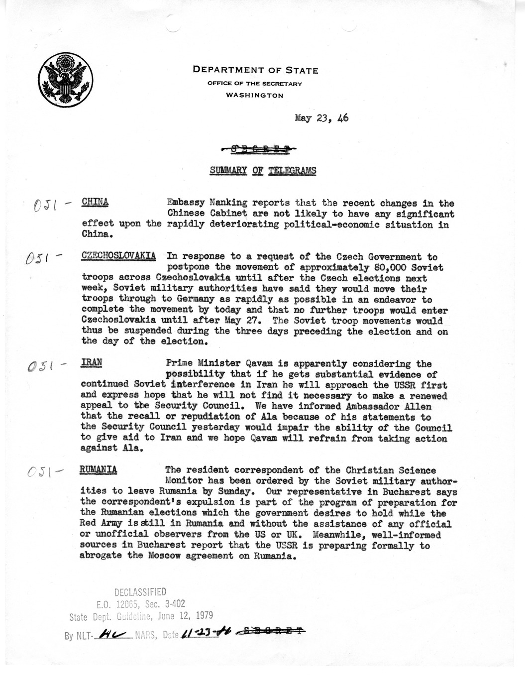 Memoranudm, Department of State Summary of Telegrams