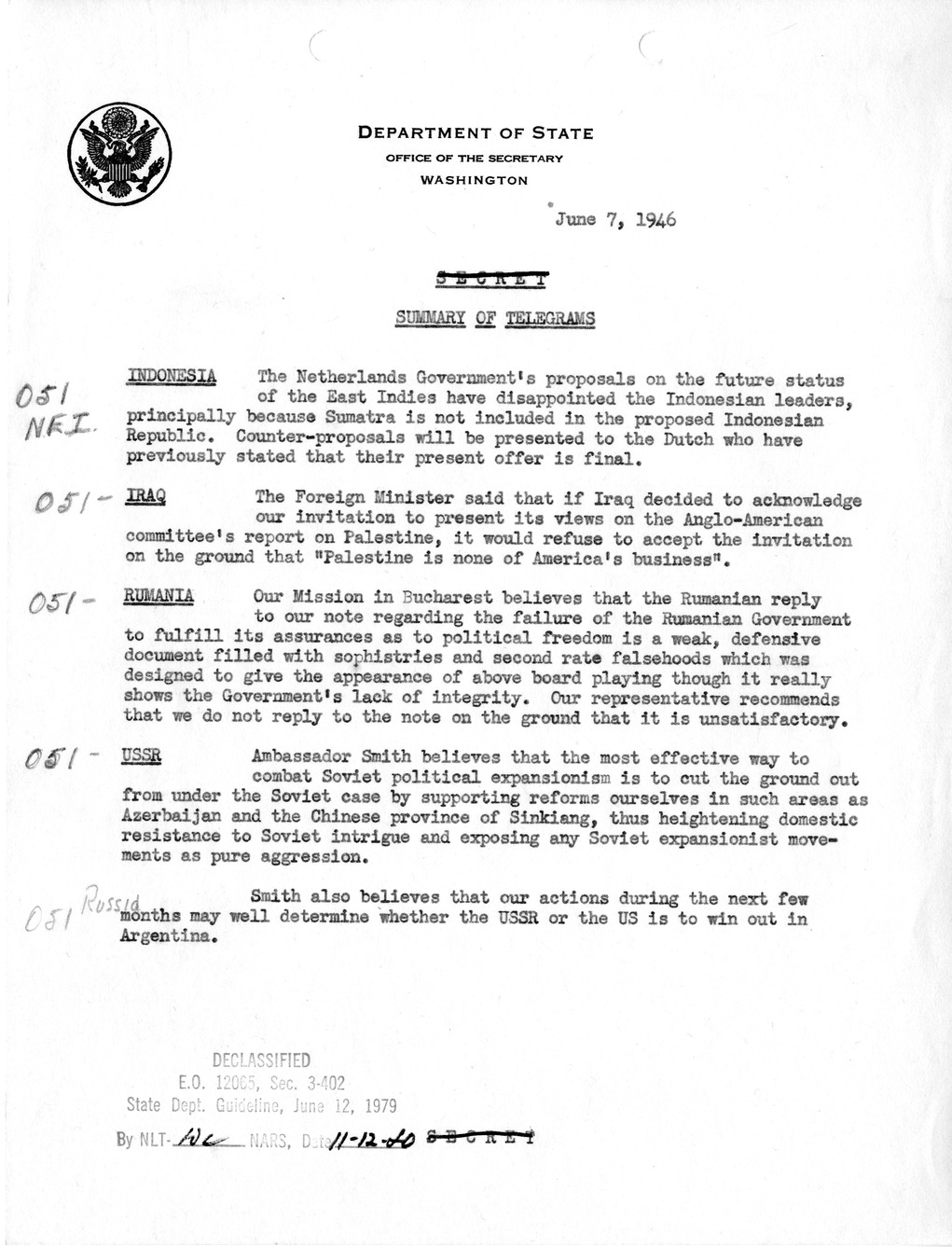 Memorandum, Department of State Summary of Telegrams