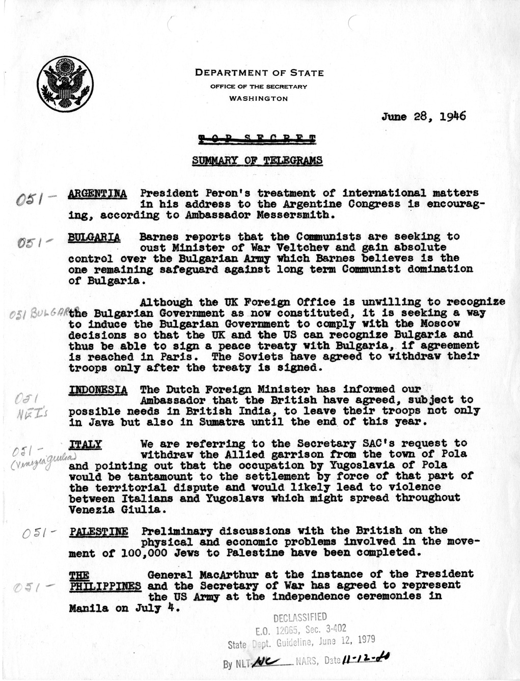 Memorandum, Department of State Summary of Telegrams