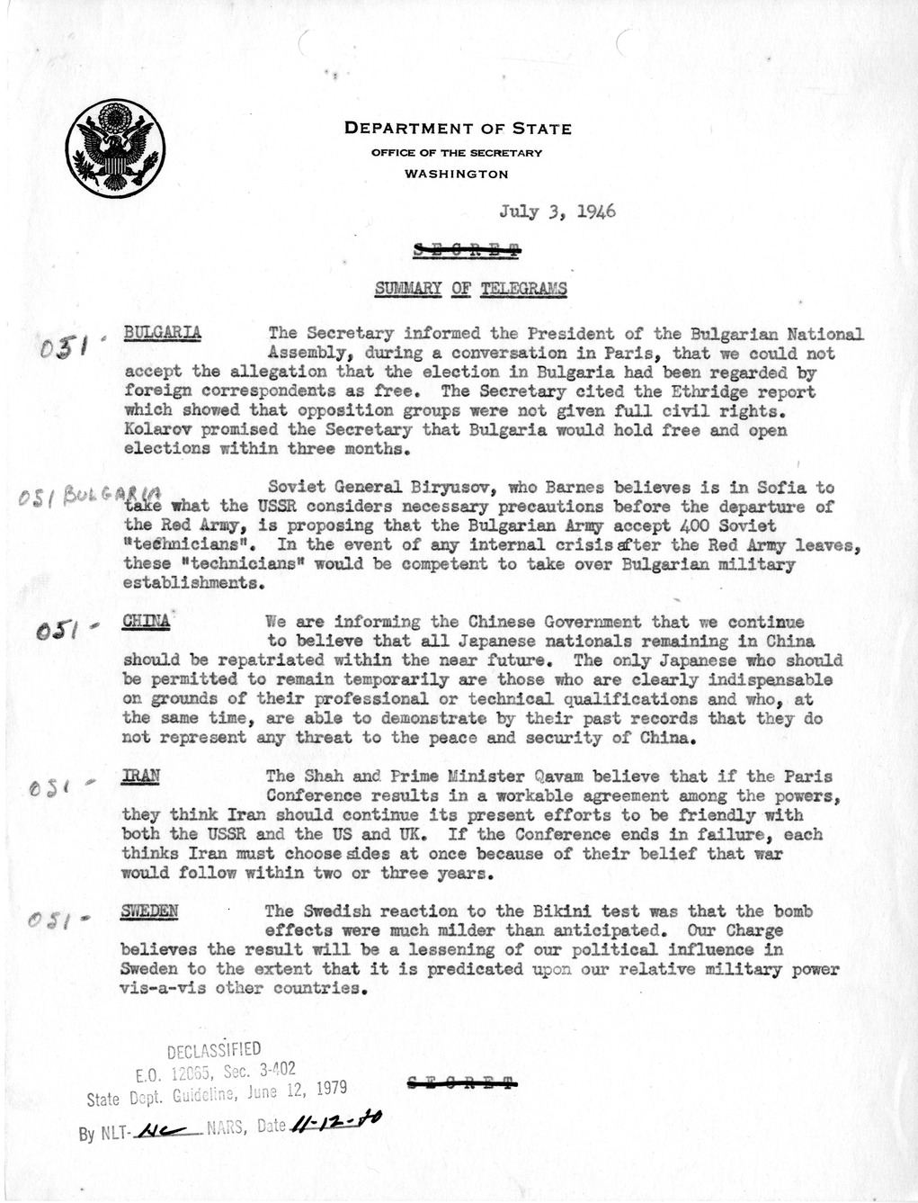 Memorandum, Department of State Summary of Telegrams