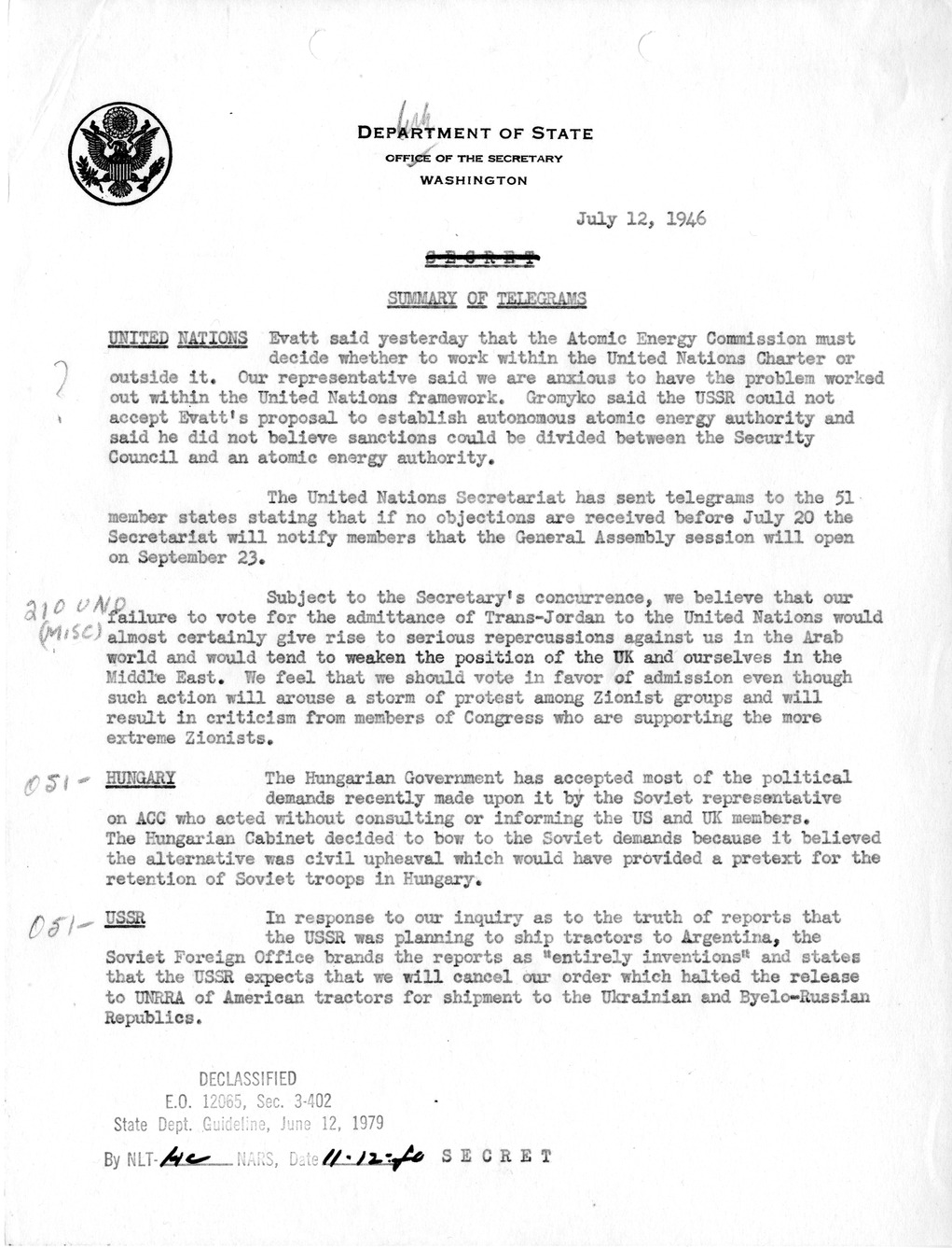 Memorandum, Department of State Summary of Telegrams