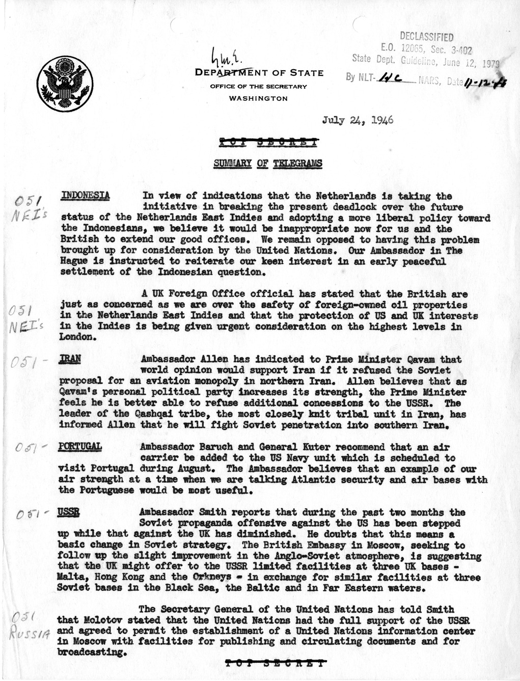 Memorandum, Department of State Summary of Telegrams