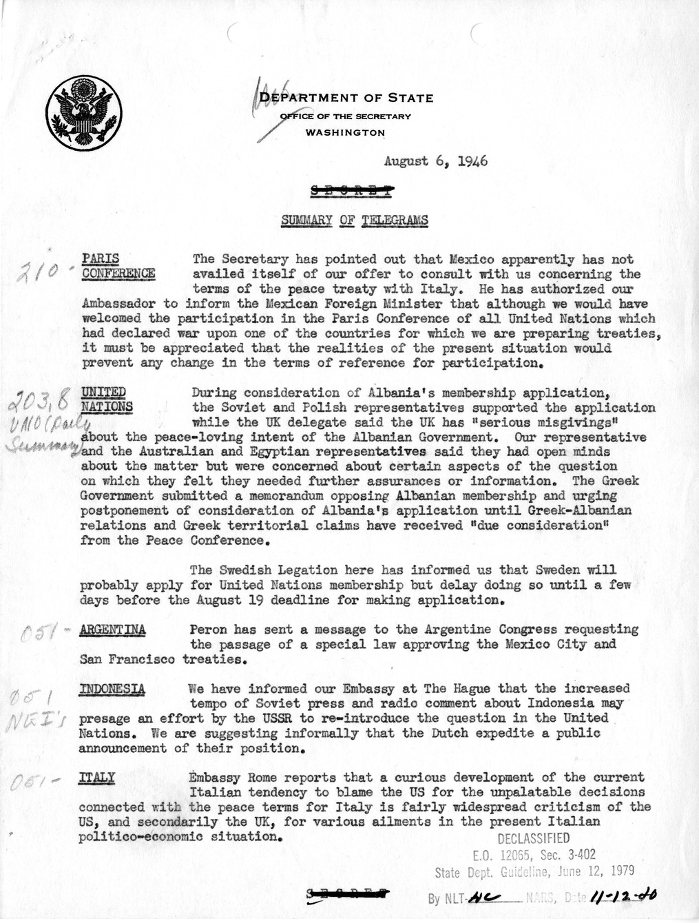 Memorandum, Department of State Summary of Telegrams