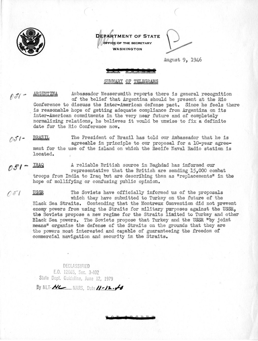 Memorandum, Department of State Summary of Telegrams