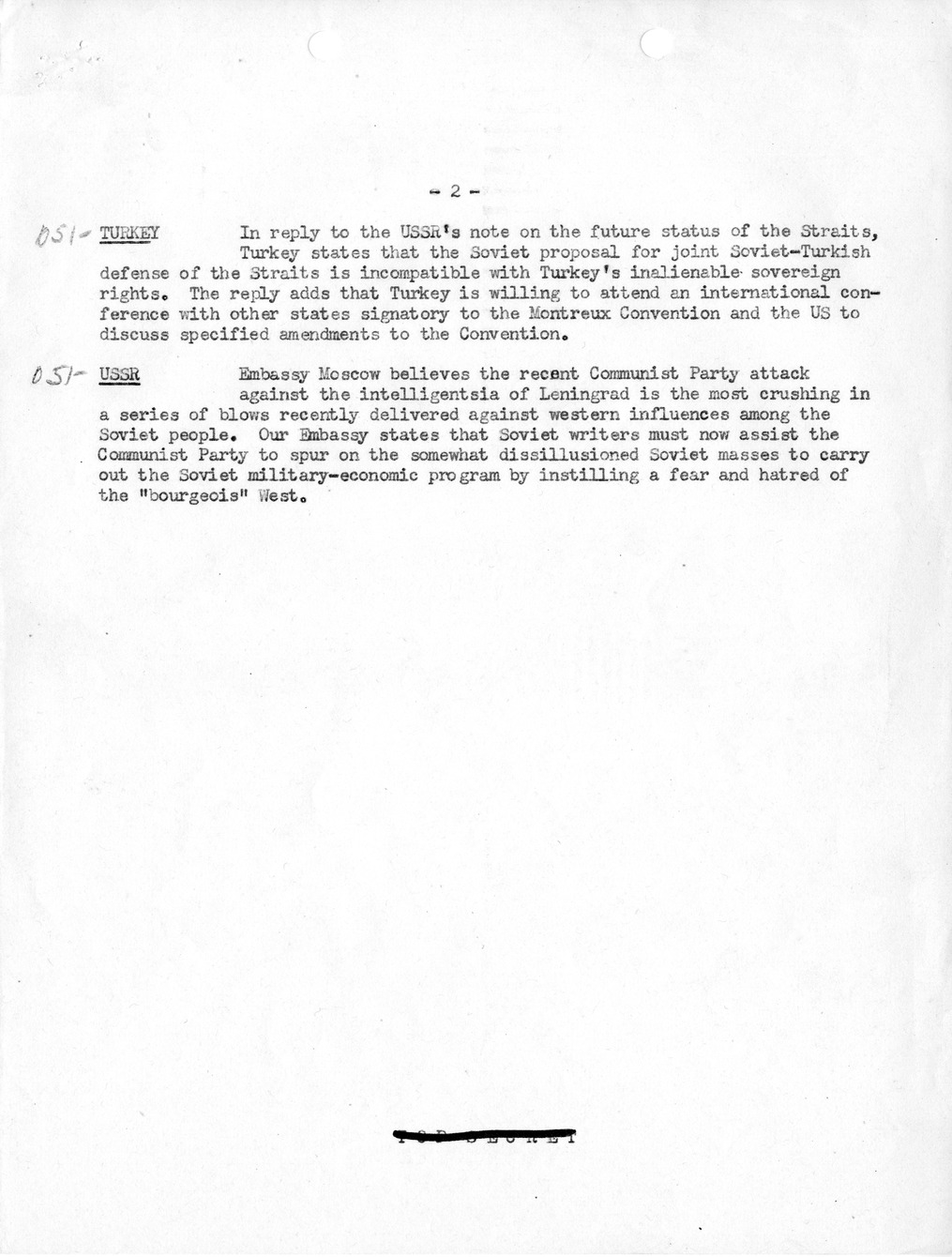 Memorandum, Department of State Summary of Telegrams