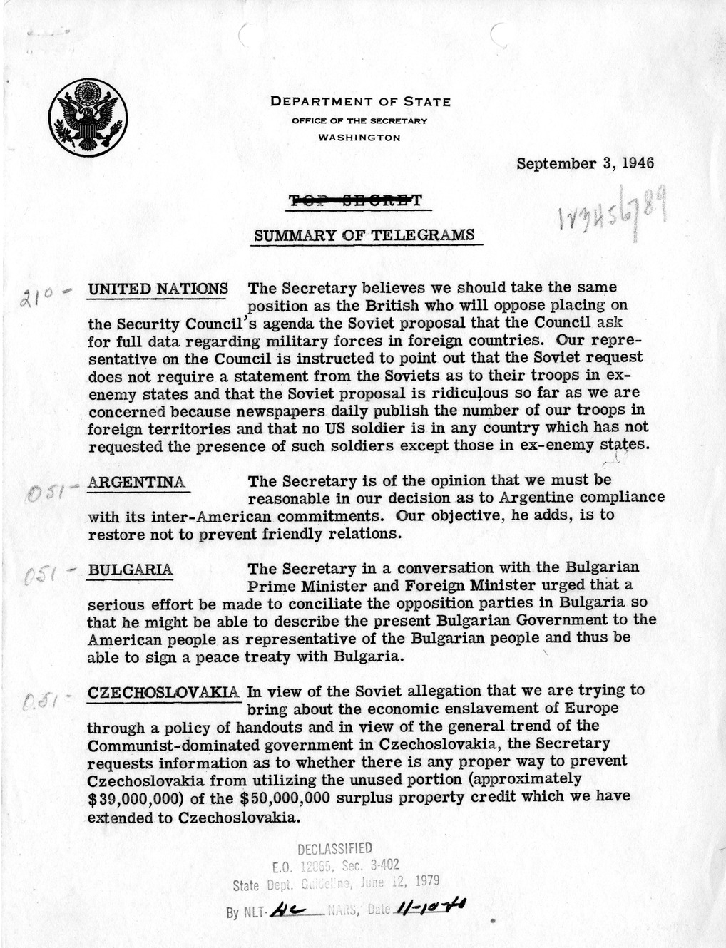 Memoranudm, Department of State Summary of Telegrams