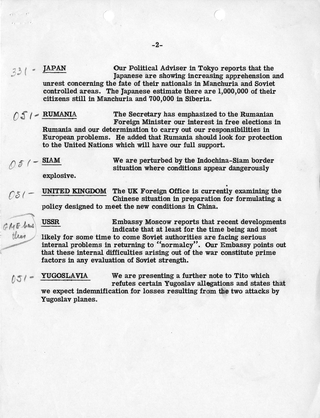 Memoranudm, Department of State Summary of Telegrams