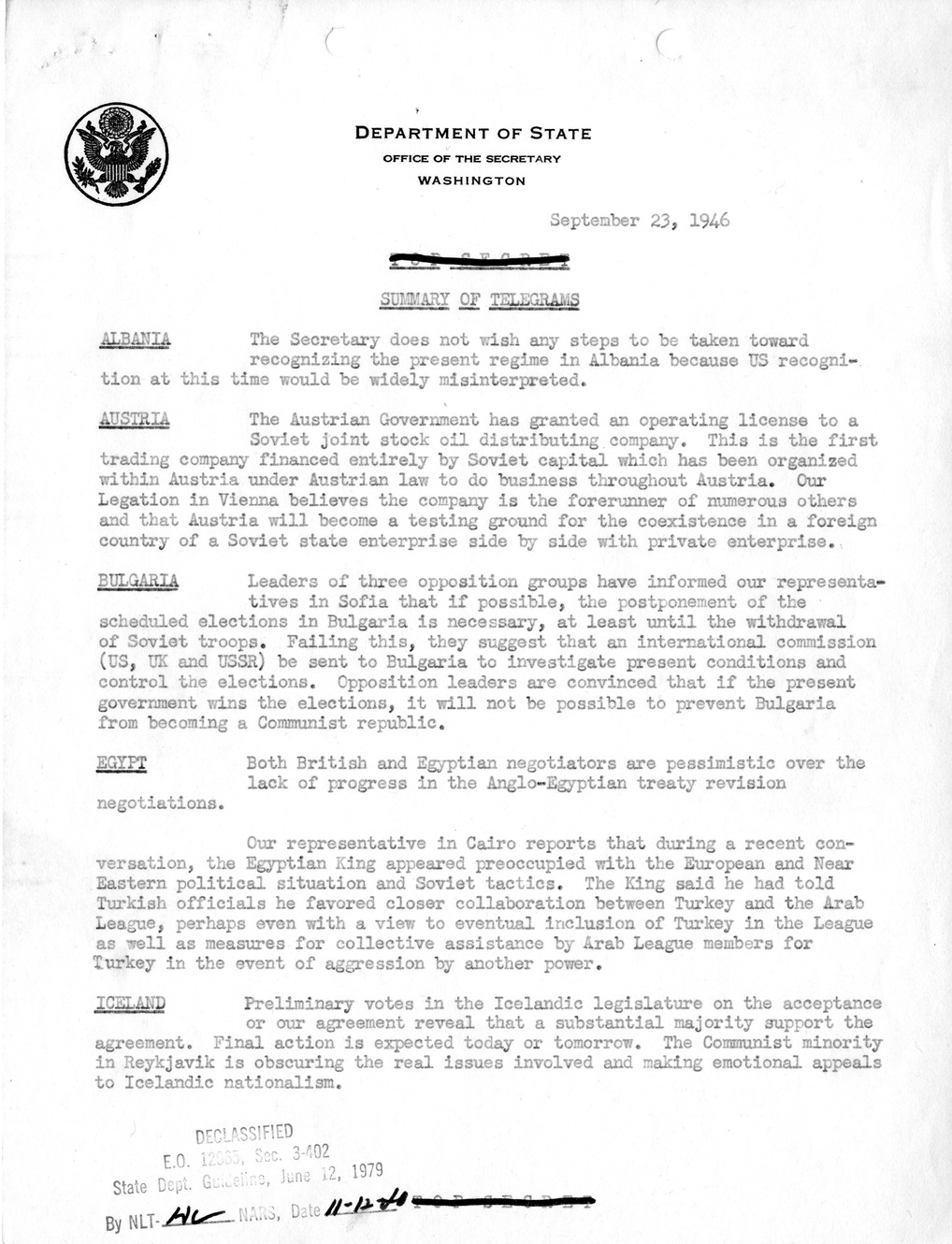 Memorandum, Department of State Summary of Telegrams