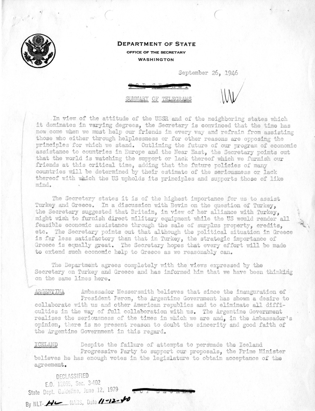 Memorandum, Department of State Summary of Telegrams