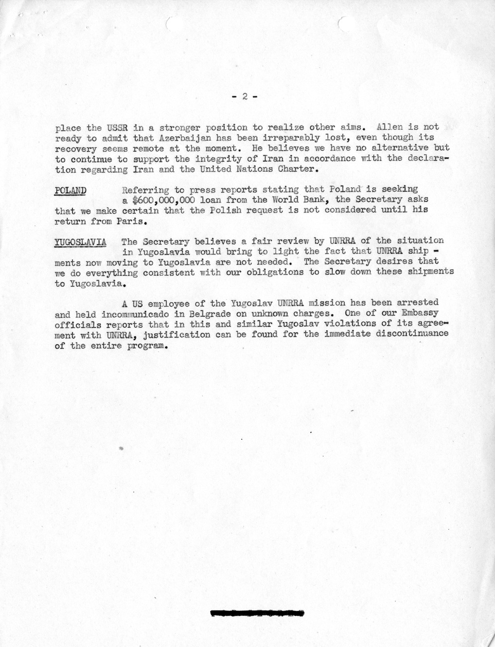 Memorandum, Department of State Summary of Telegrams