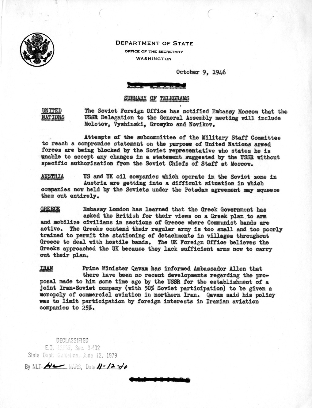 Memorandum, Department of State Summary of Telegrams