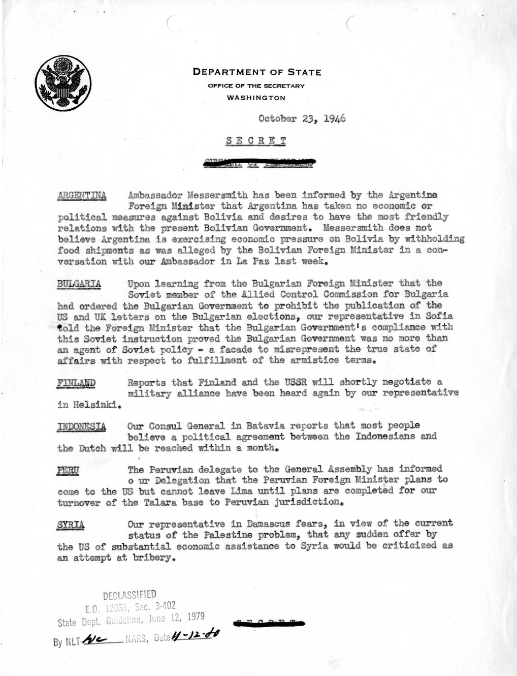 Memorandum, Department of State Summary of Telegrams