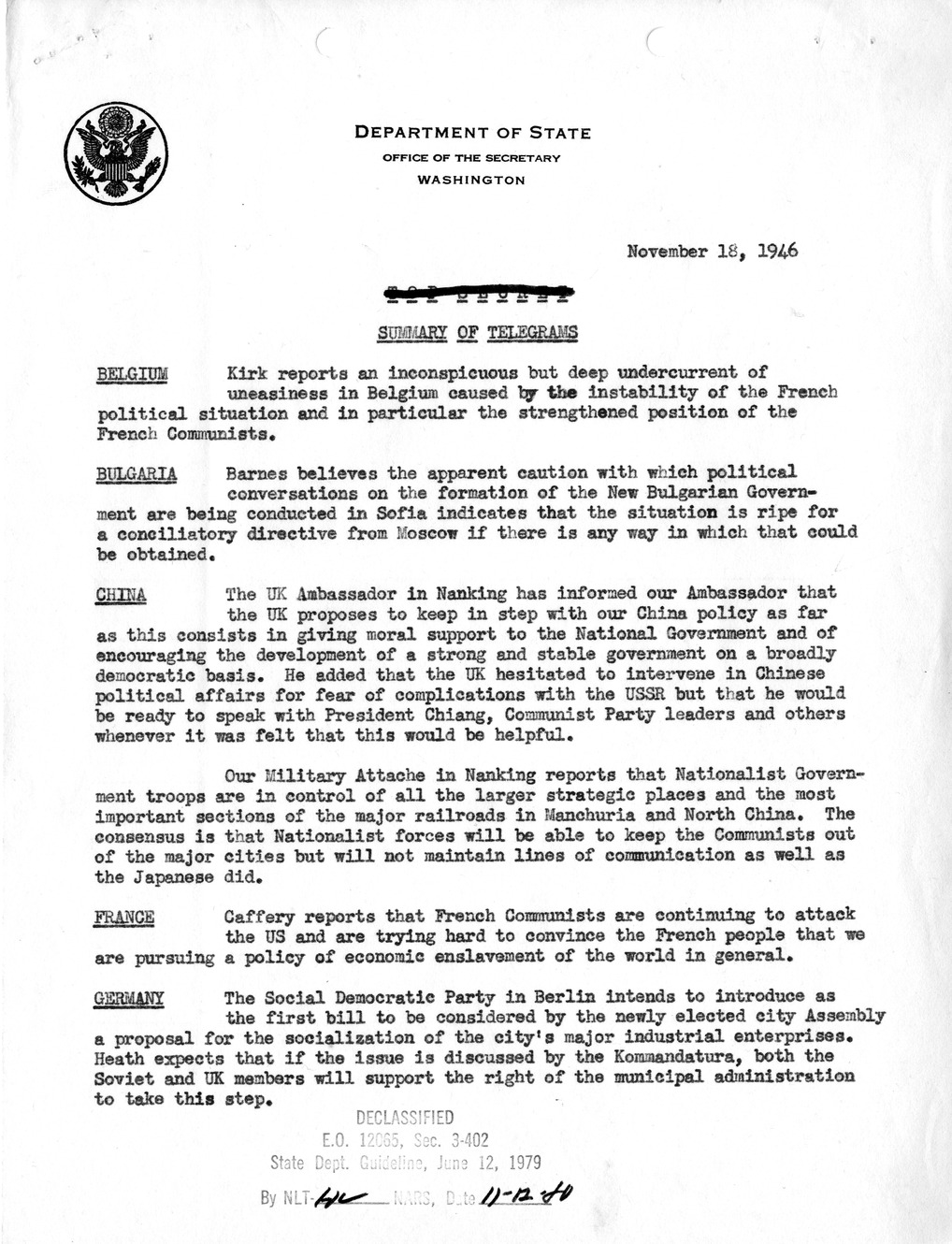 Memorandum, Department of State Summary of Telegrams