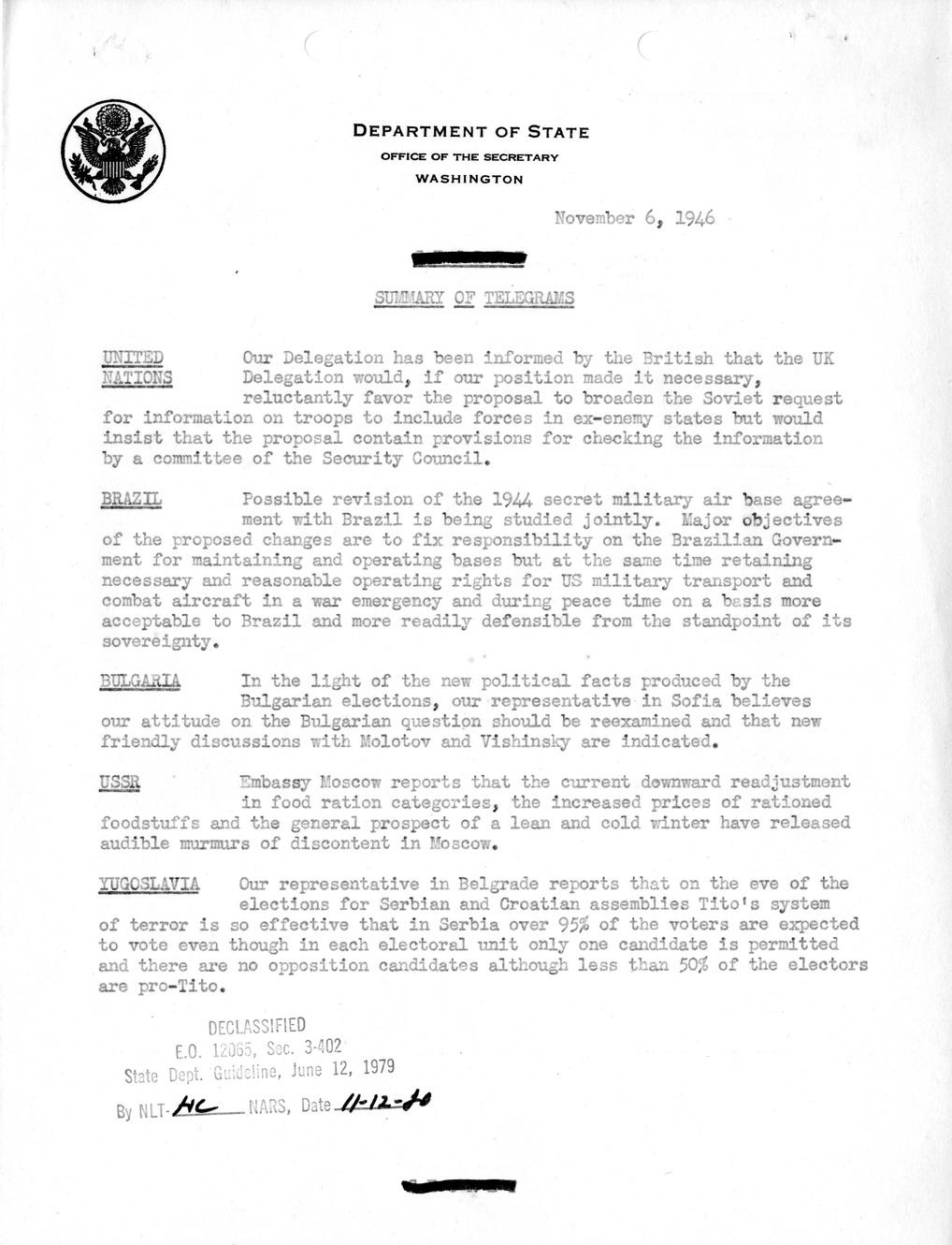 Memorandum, Department of State Summary of Telegrams