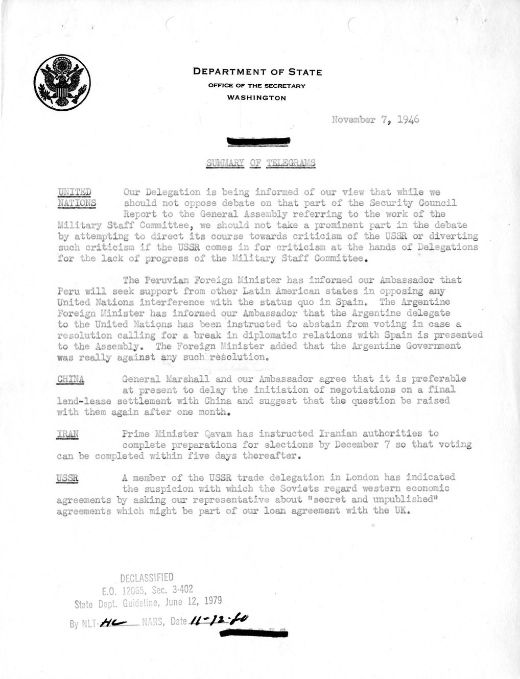 Memorandum, Department of State Summary of Telegrams