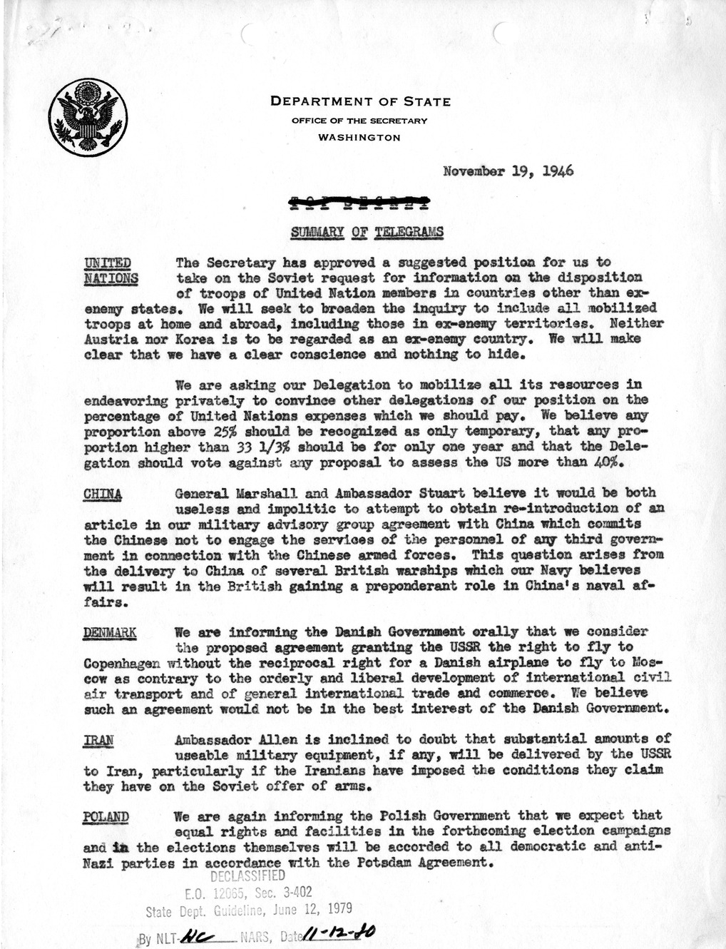 Memorandum, Department of State Summary of Telegrams