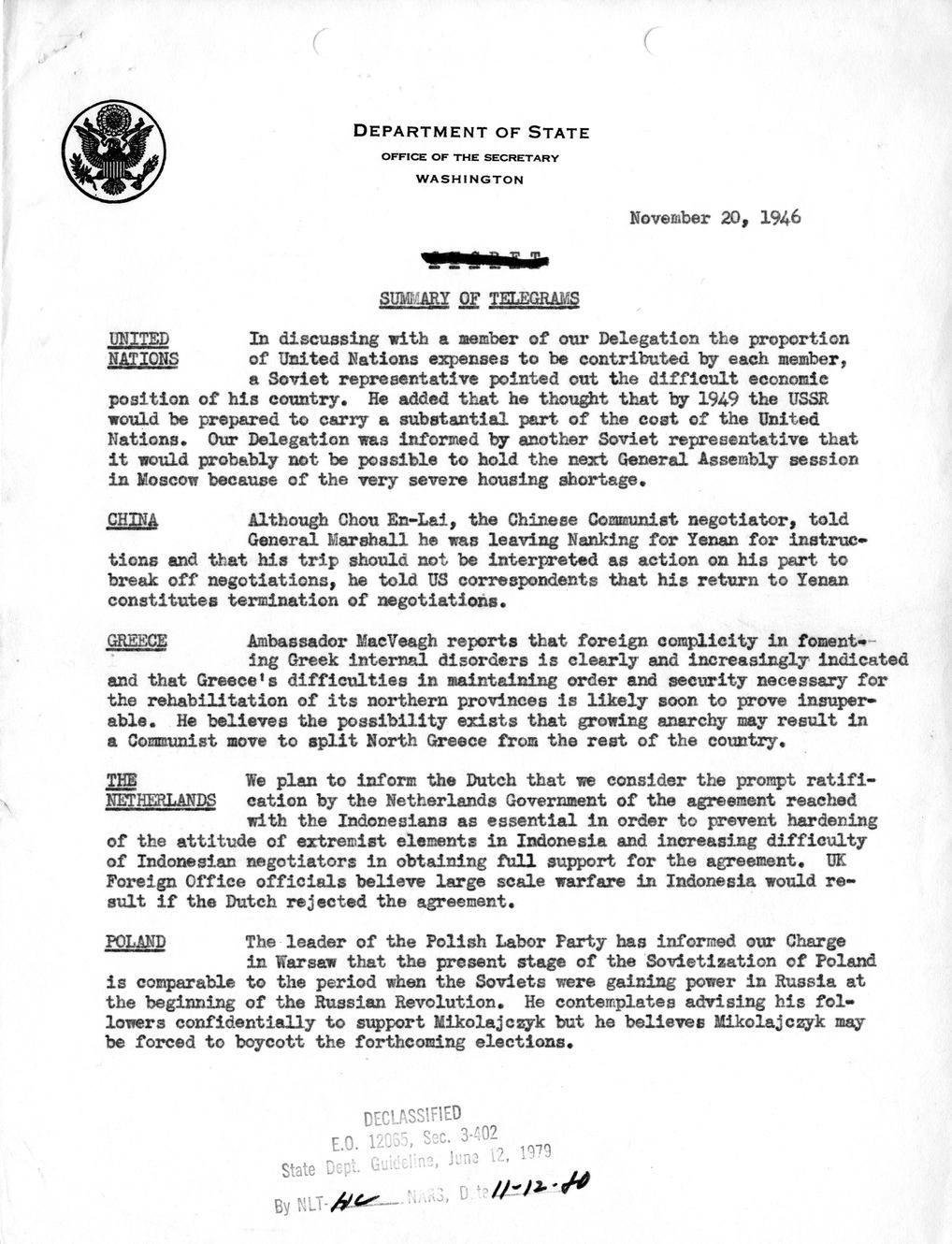 Memorandum, Department of State Summary of Telegrams