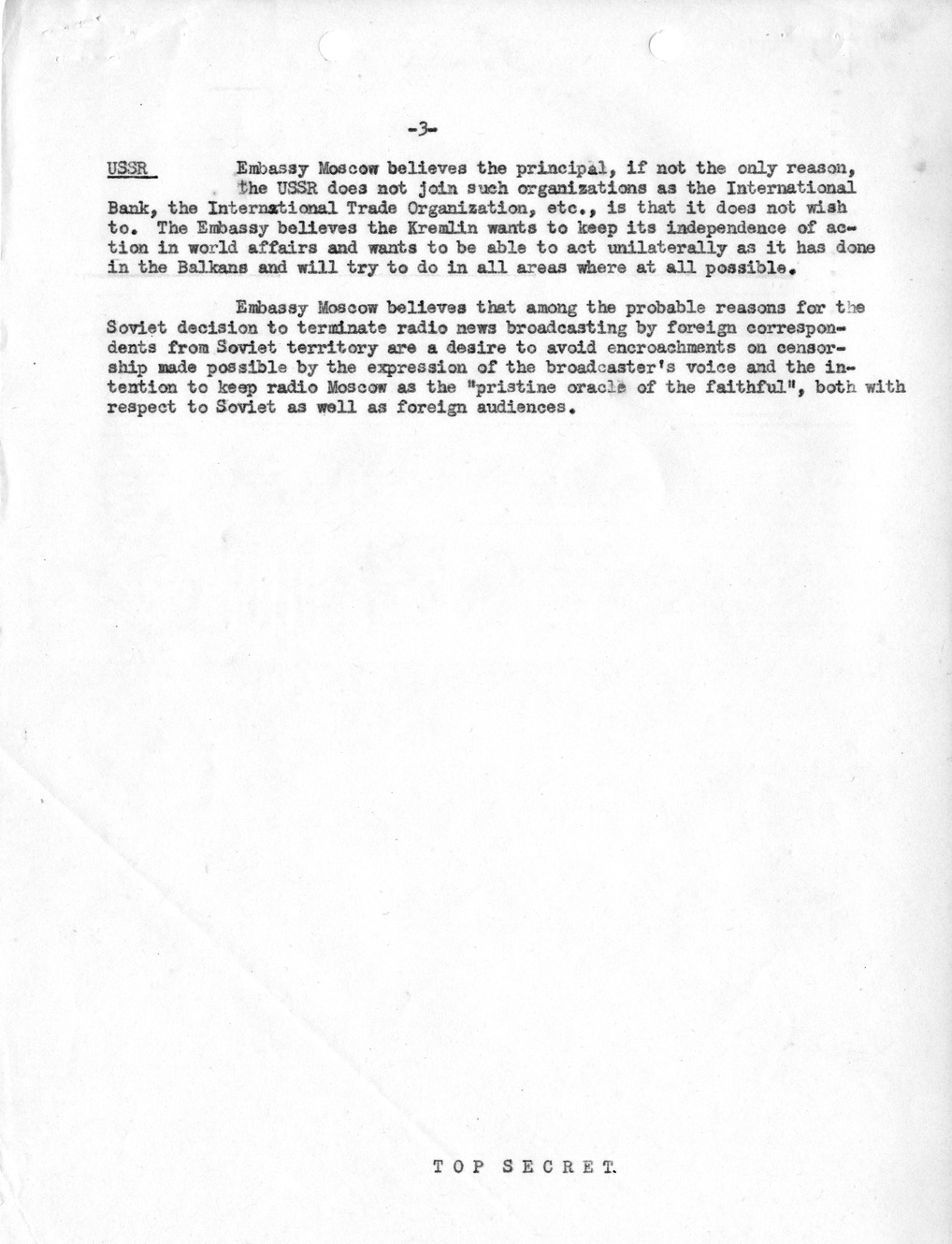 Memorandum, Department of State Summary of Telegrams