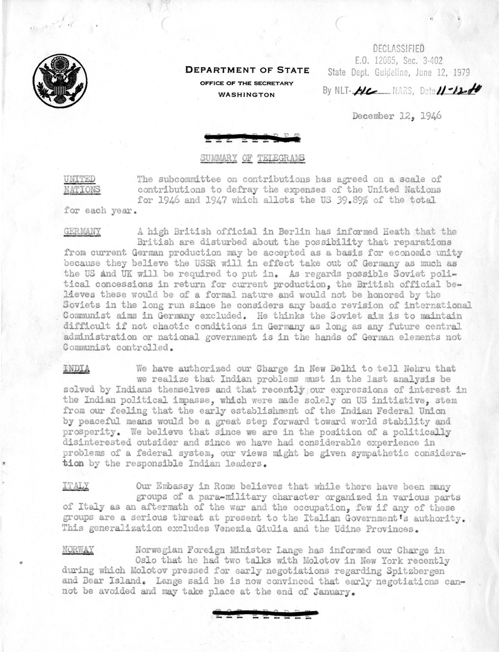 Memorandum, Department of State Summary of Telegrams