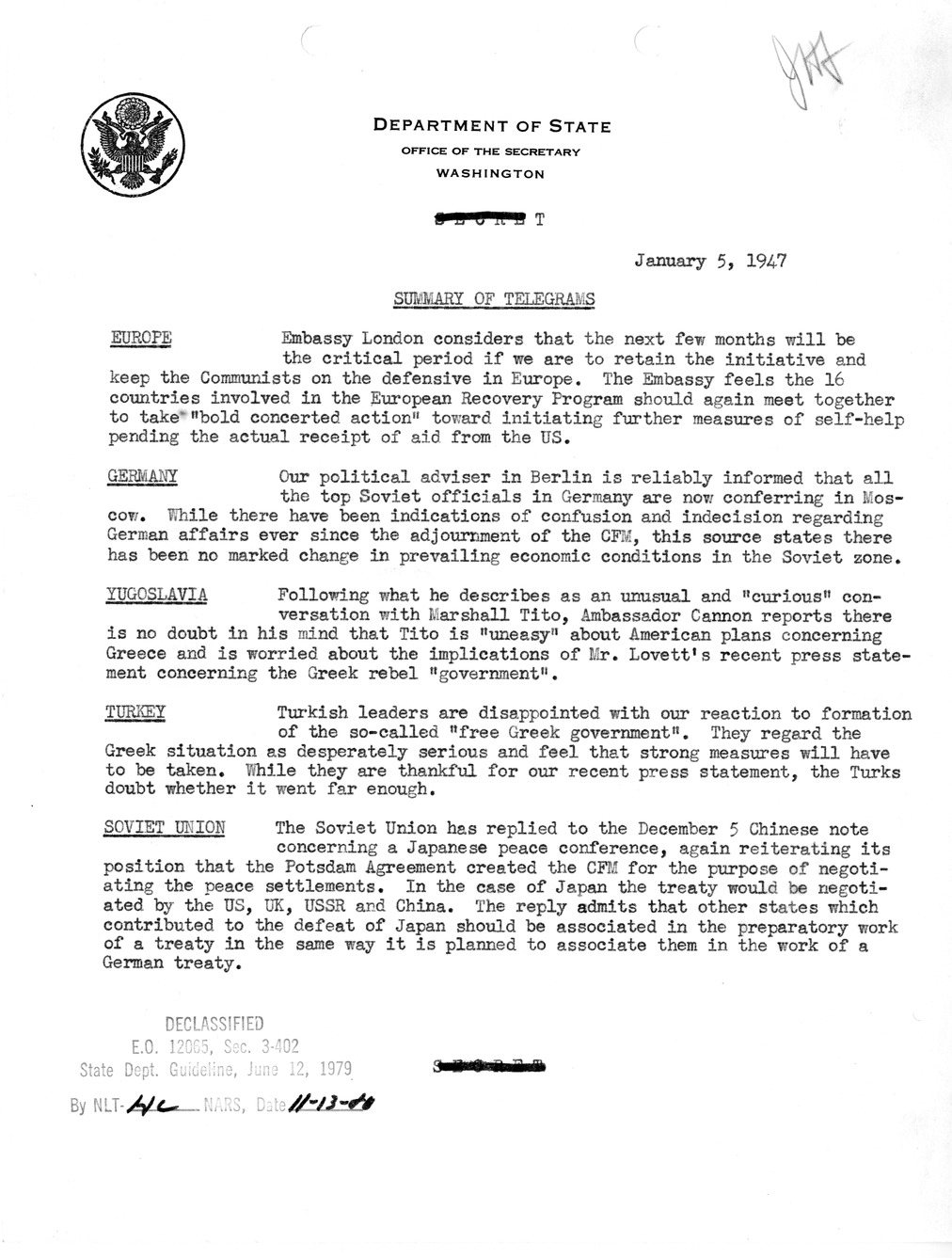 Memorandum, Department of State Summary of Telegrams