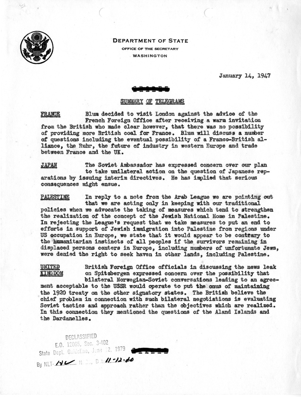 Memorandum, Department of State Summary of Telegrams