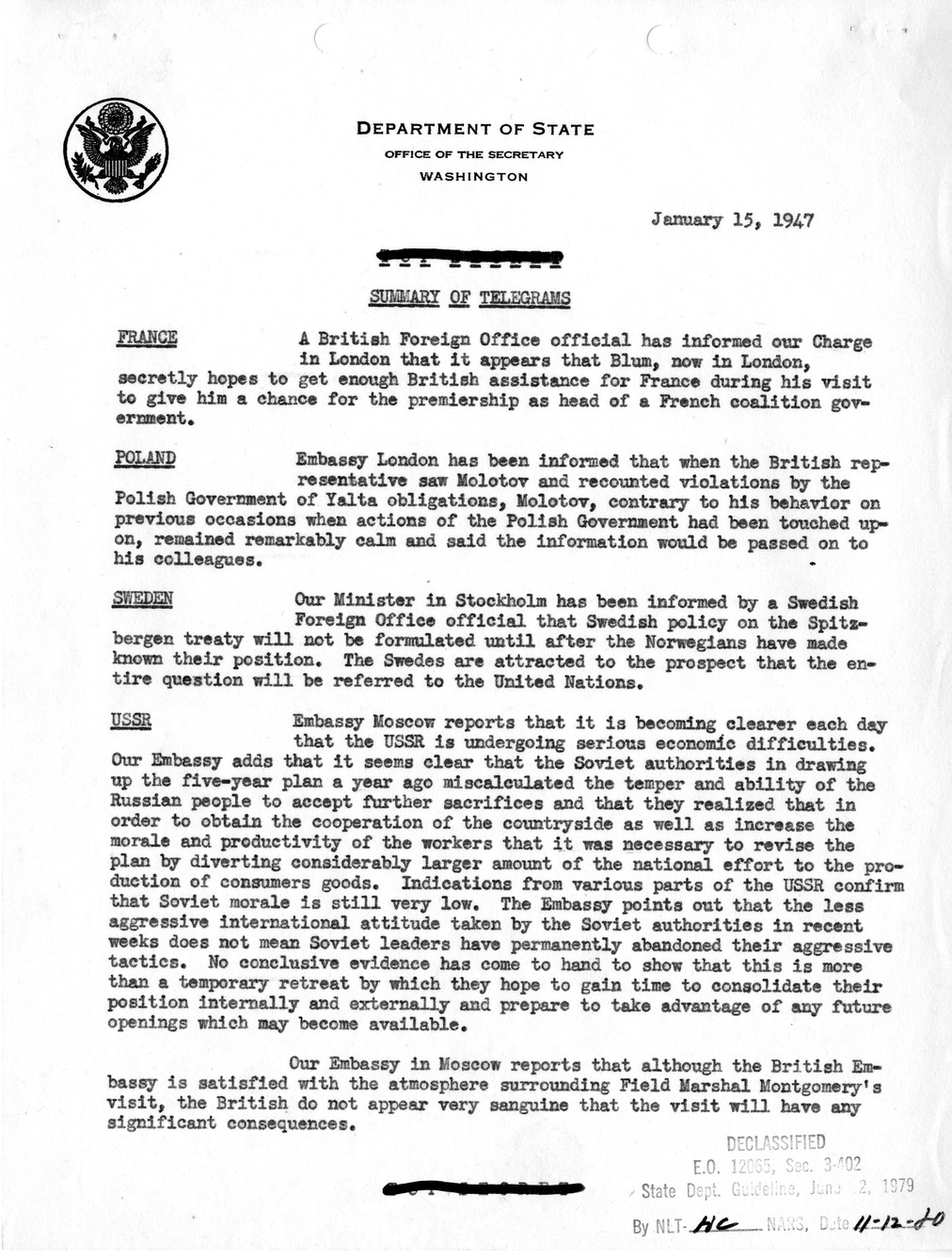 Memorandum, Department of State Summary of Telegrams