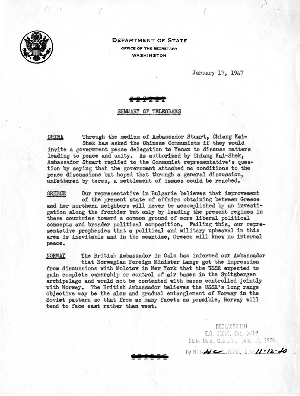 Memorandum, Department of State Summary of Telegrams