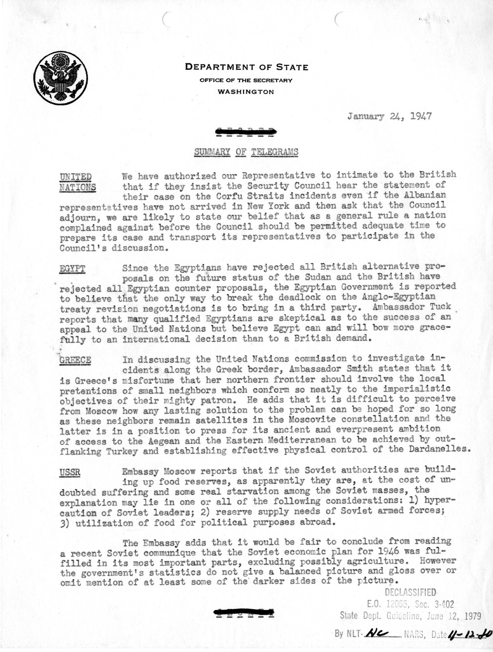 Memorandum, State Department Summary of Telegrams