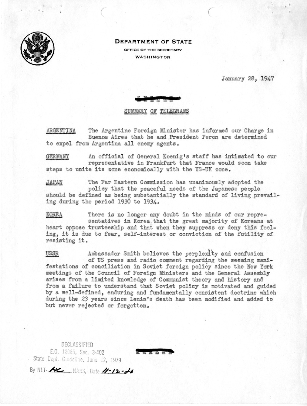 Memorandum, Department of State Summary of Telegrams