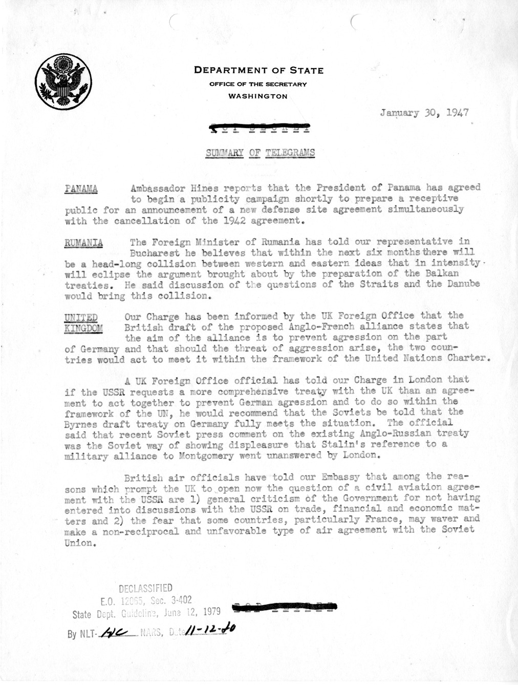 Memorandum, Department of State Summary of Telegrams