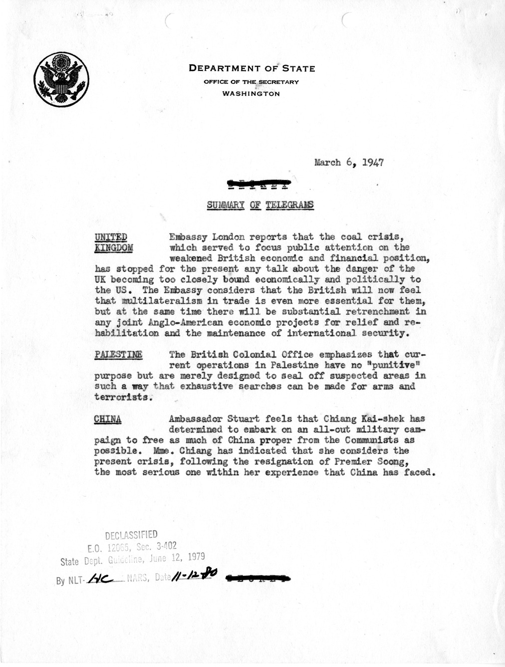 Memorandum, State Department Summary of Telegrams