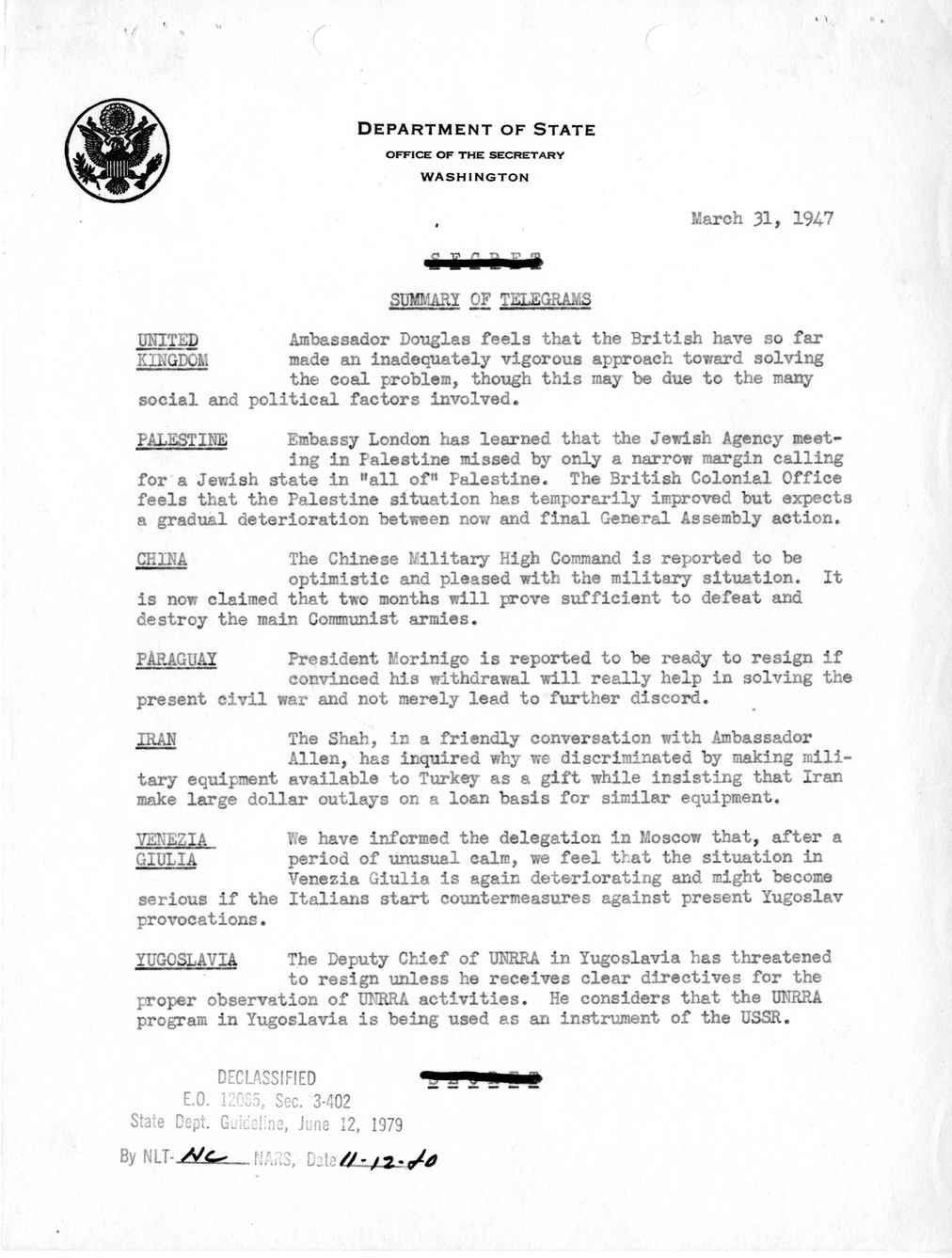 Memorandum, State Department Summary of Telegrams