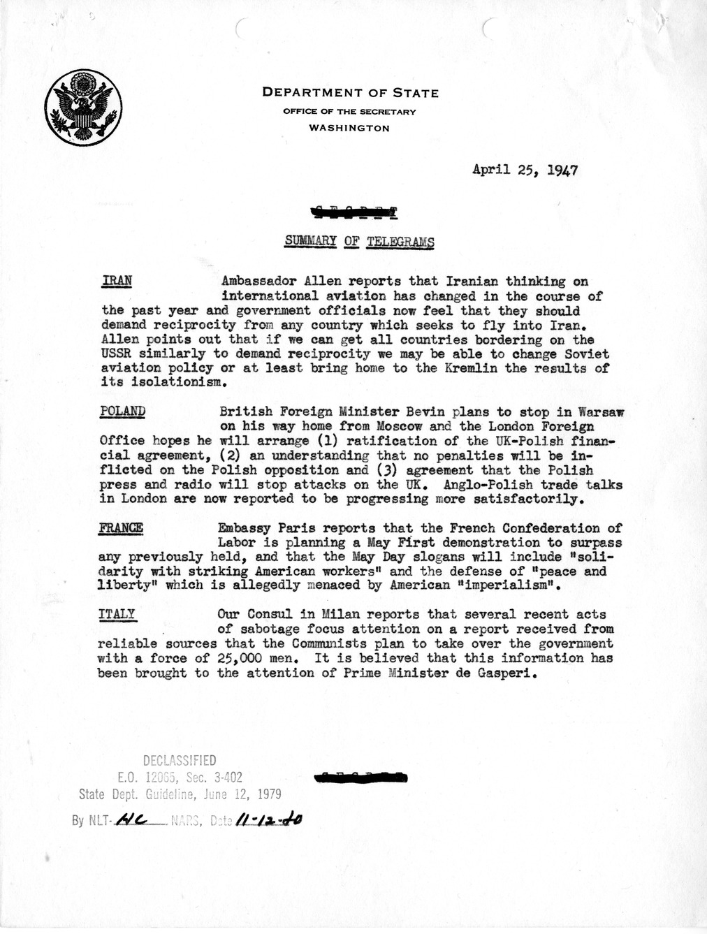 Memorandum, Department of State Summary of Telegrams