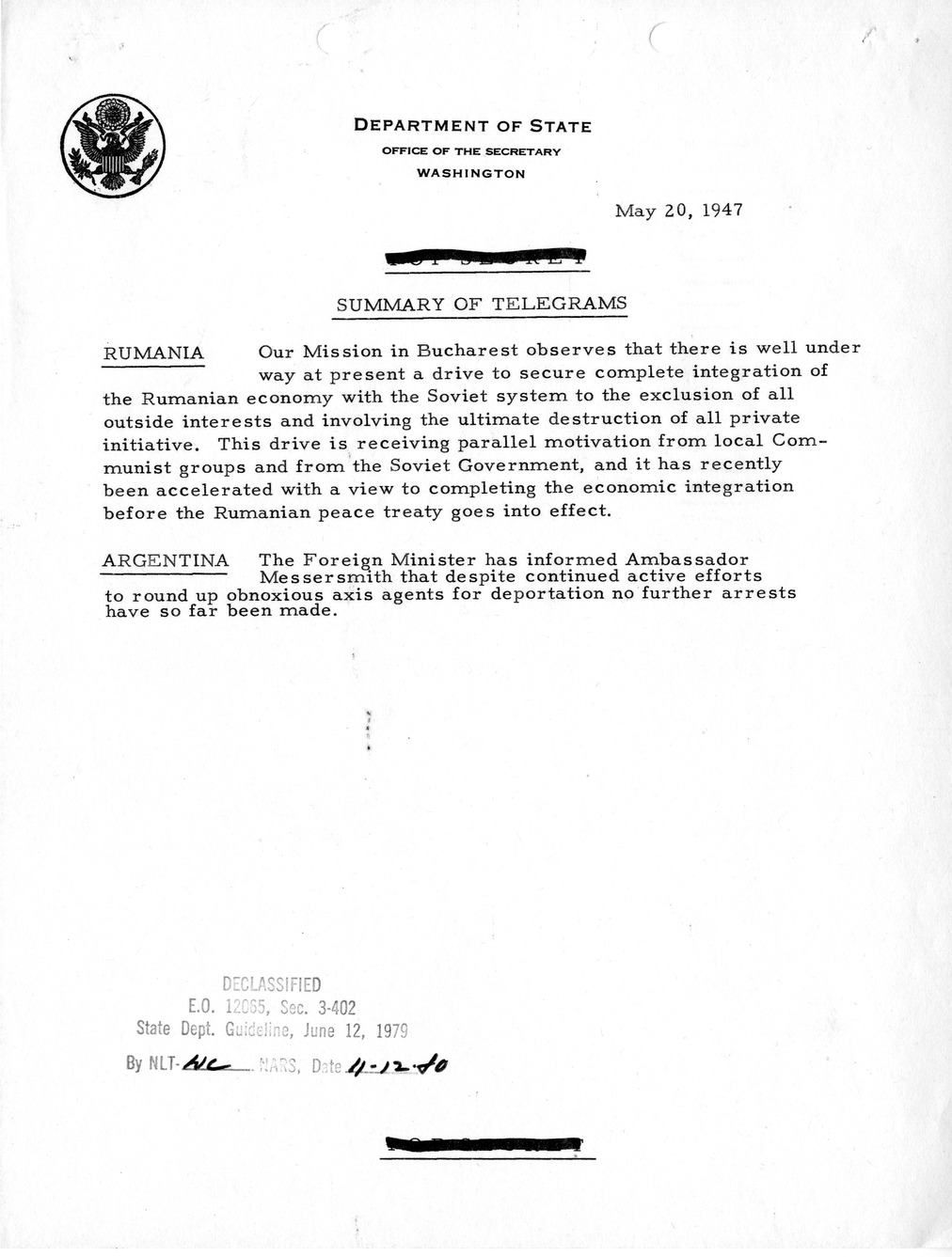 Memorandum, Department of State Summary of Telegrams