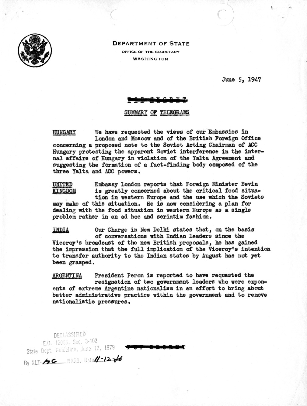 Memorandum, Department of State Summary of Telegrams