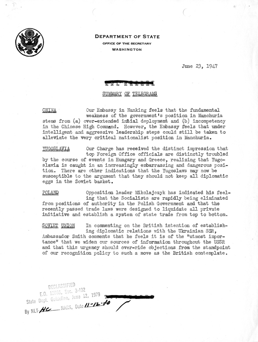 Memorandum, Department of State Summary of Telegrams