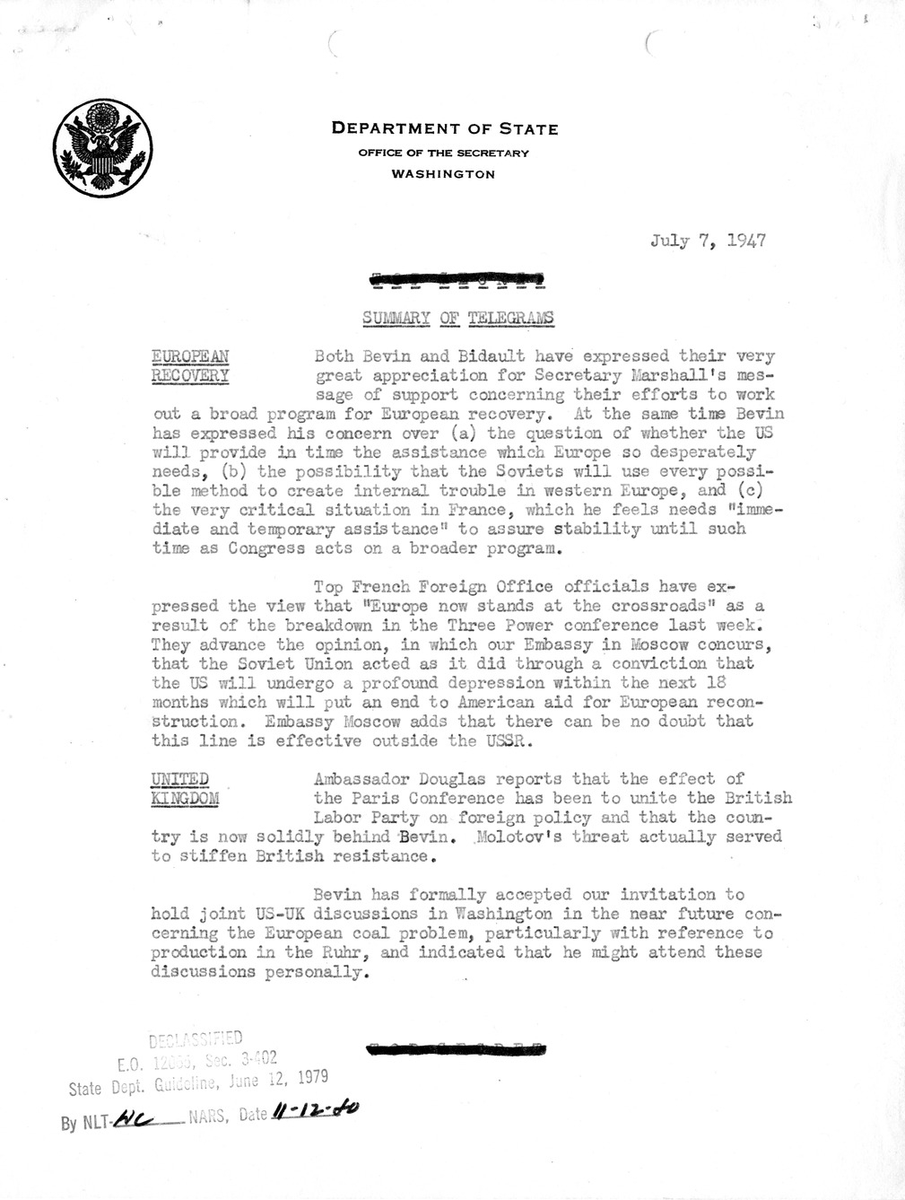 Memorandum, Department of State Summary of Telegrams