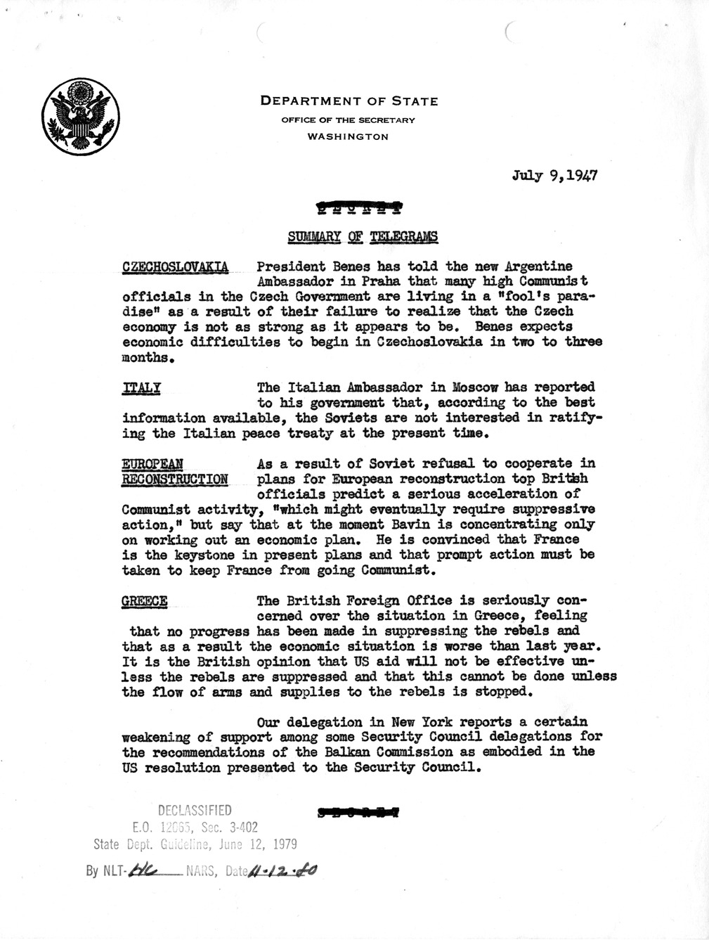 Memorandum, Department of State Summary of Telegrams