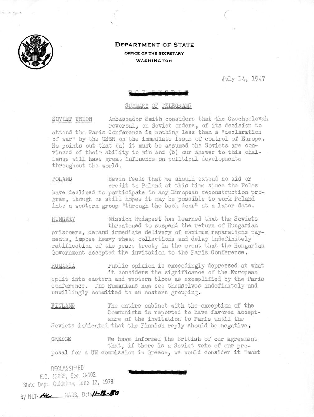 Memorandum, Department of State Summary of Telegrams