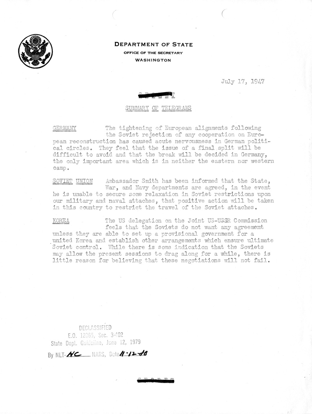 Memorandum, Department of State Summary of Telegrams