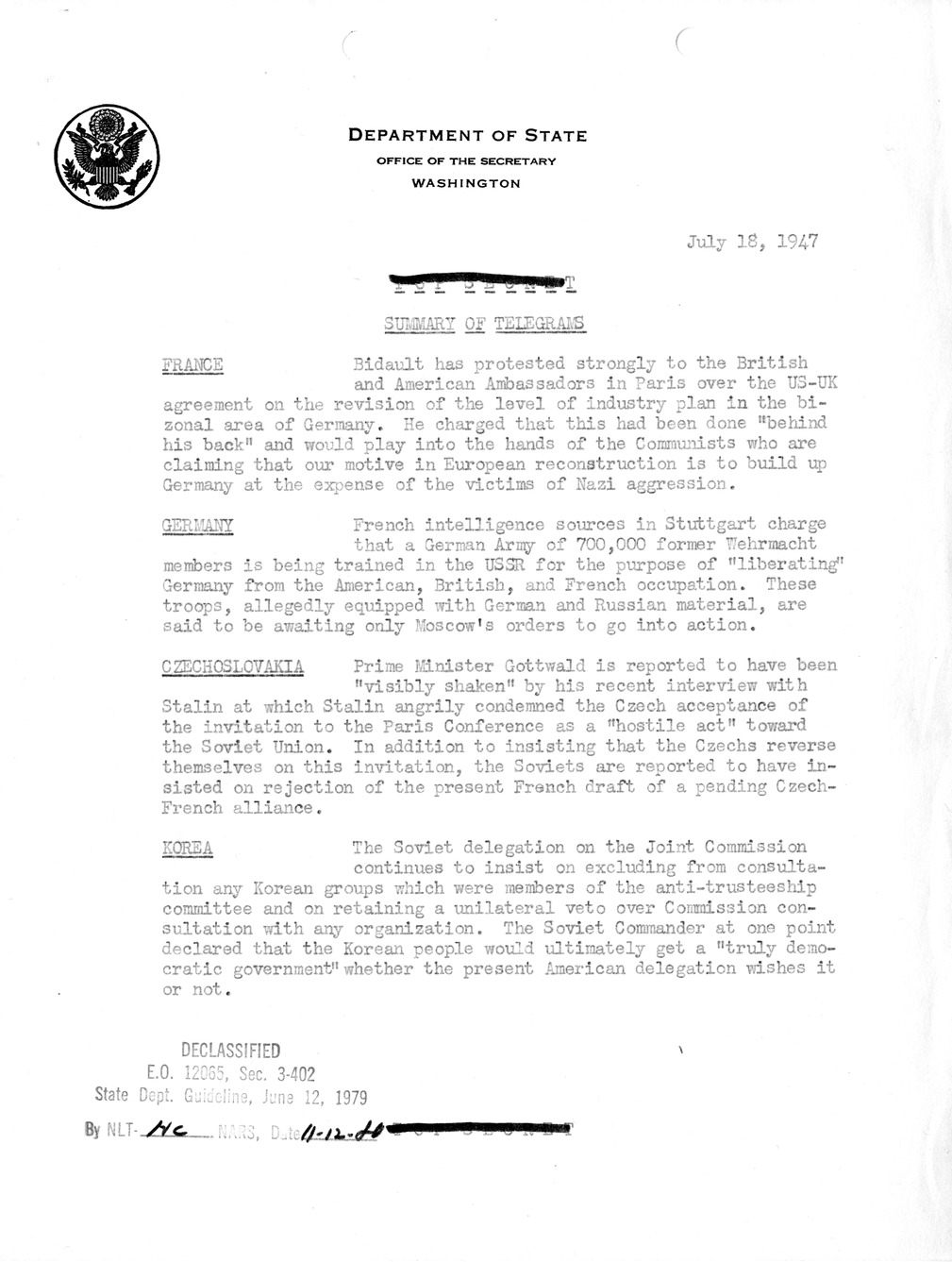 Memorandum, Department of State Summary of Telegrams