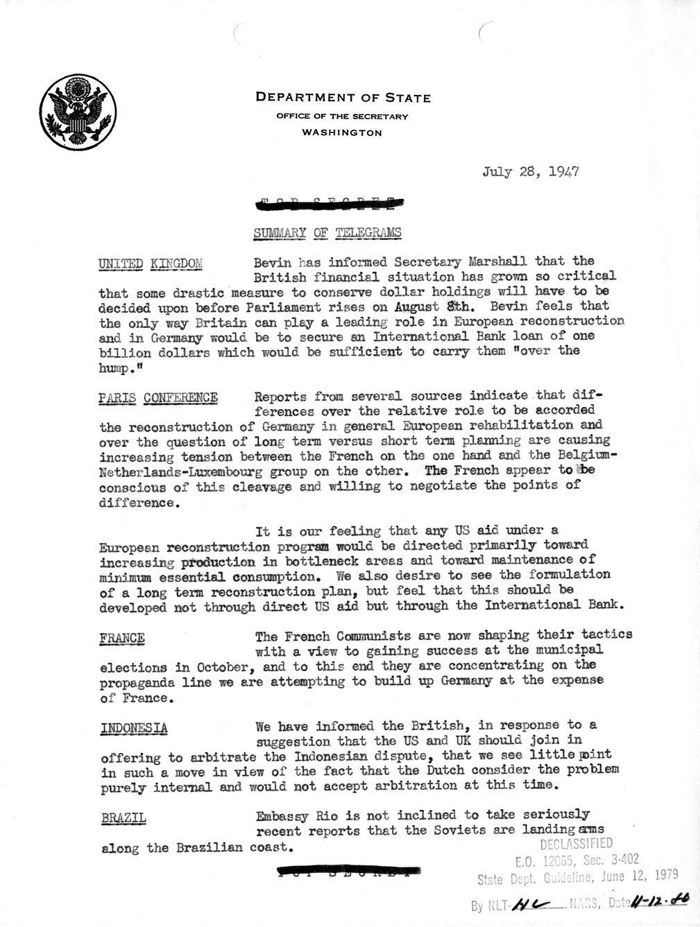 Memorandum, Department of State Summary of Telegrams