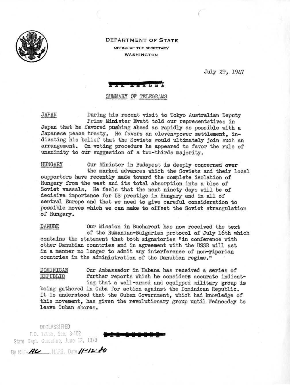 Memorandum, Department of State Summary of Telegrams