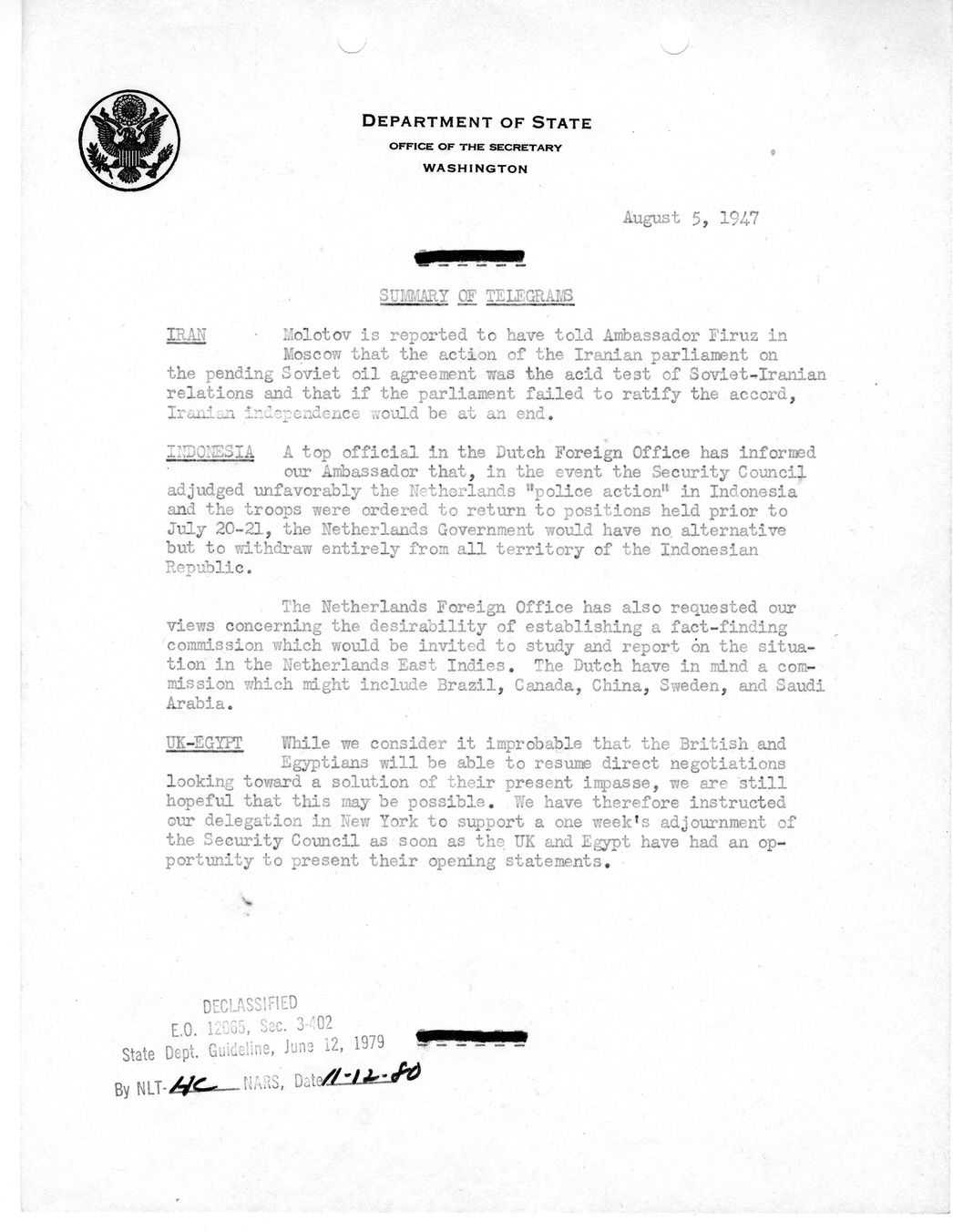 Memorandum, Department of State Summary of Telegrams