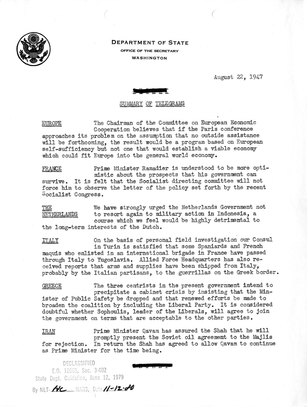 Memorandum, Department of State Summary of Telegrams