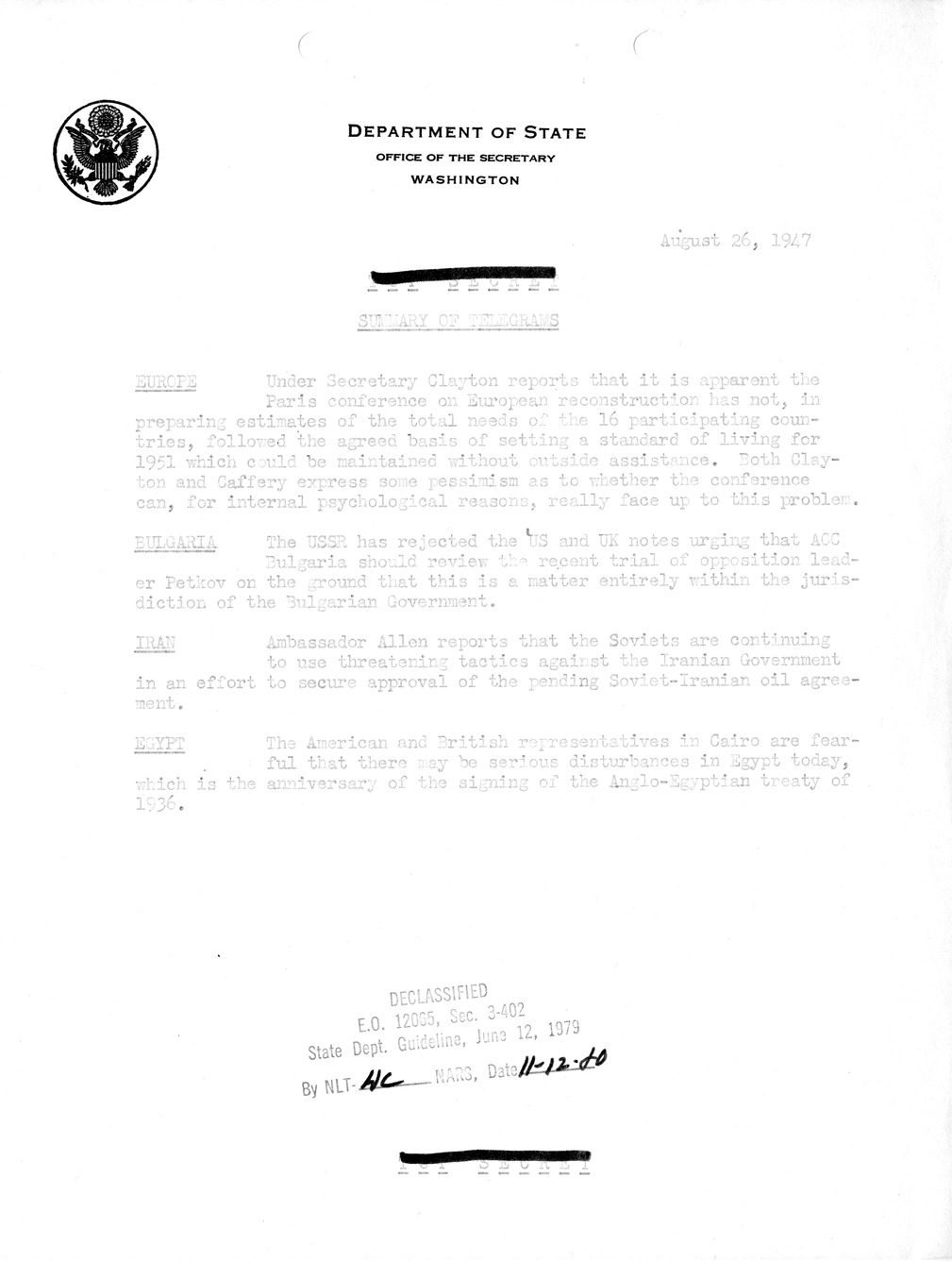 Memorandum, Department of State Summary of Telegrams