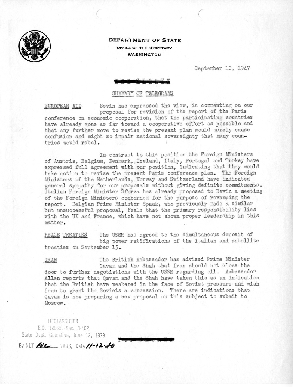 Memorandum, Department of State Summary of Telegrams