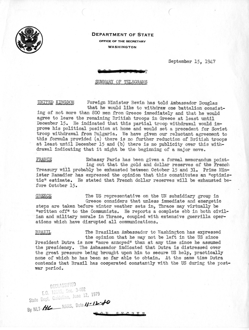 Memorandum, Department of State Summary of Telegrams