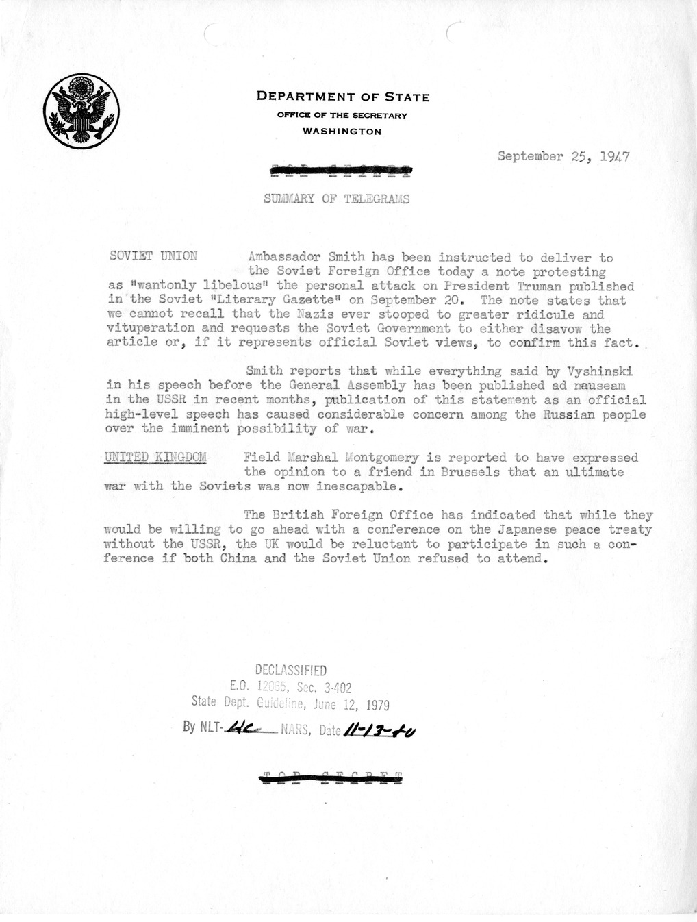 Memorandum, Department of State Summary of Telegrams